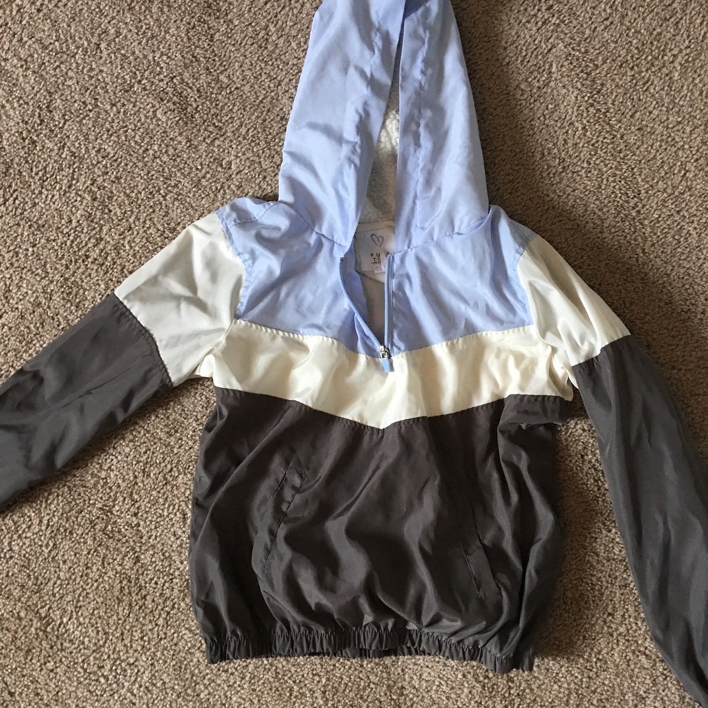 white, grey, blue. XL. windbreaker. used.